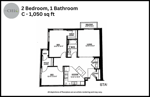the floor plan of 2 bedroom 1 bathroom c c031 sq ft